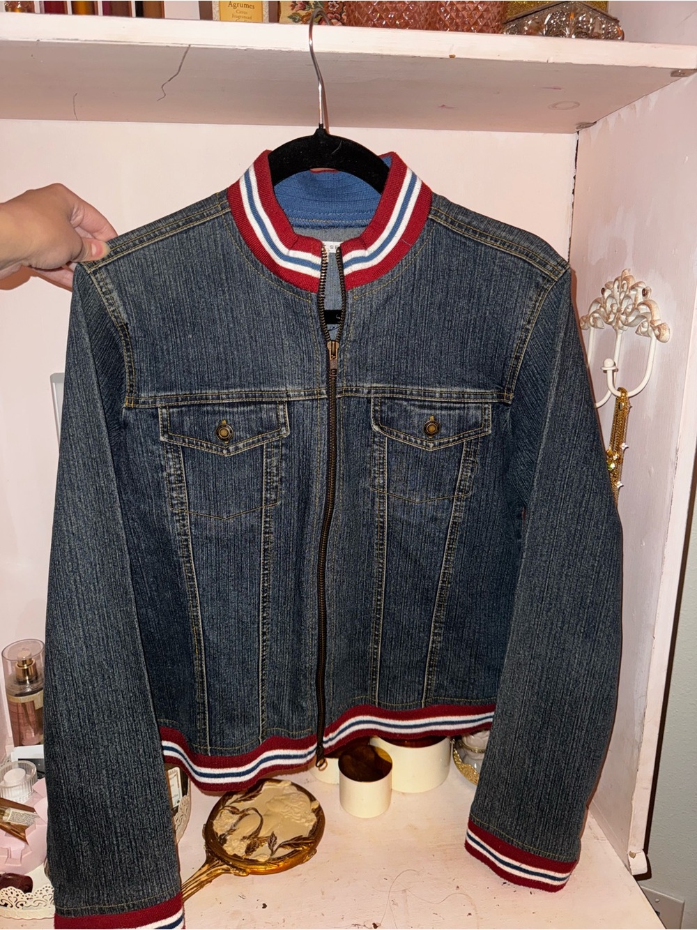 2000’s Denim Jacket with Red, White, & Blue Trim - Thrifted - great quality